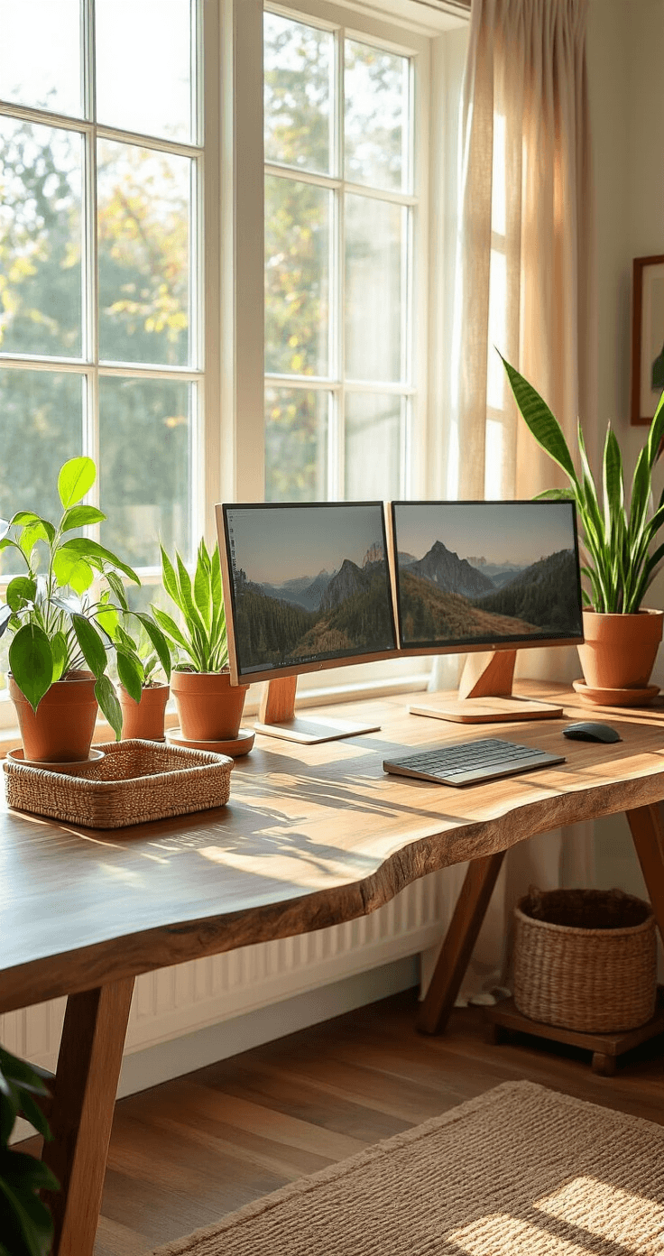 A sun-drenched home office featuring a live-edge walnut desk near large windows, adorned with a woven rattan organizer, terracotta plant pots with lush greenery, and earth-toned accessories, creating a warm, organic workspace.