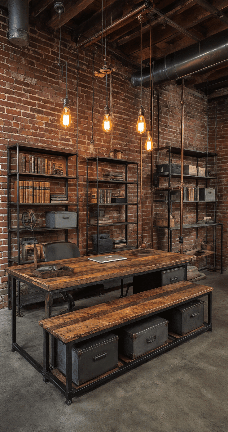A moody industrial workspace with a steel-framed desk and reclaimed wood top against exposed brick walls, featuring Edison bulb pendant lights, galvanized steel organizers, and copper pipe accessories, all highlighted by dramatic side lighting.