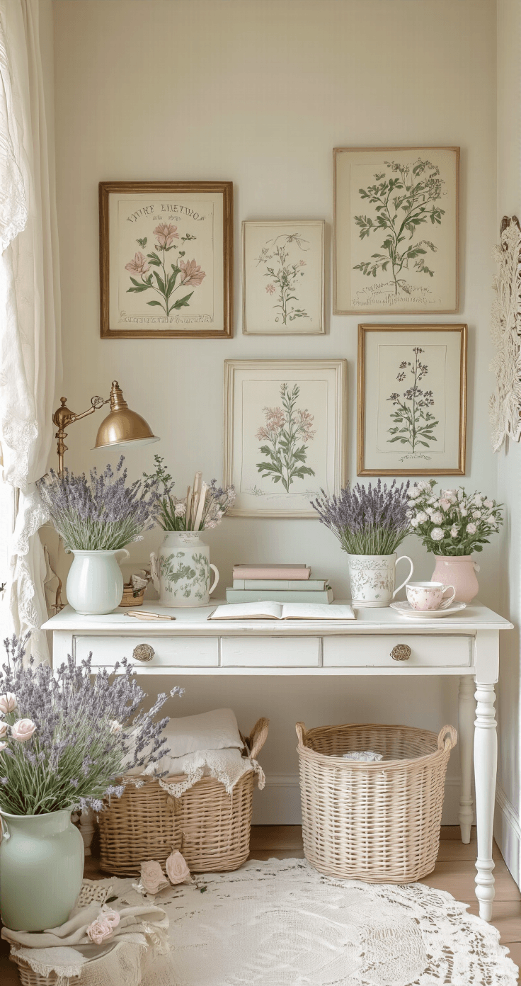 A cozy cottage-core workspace with a vintage white desk decorated with floral elements, a reading nook filled with pastel accents, lavender planters, lace doilies, and soft-focus lighting, evoking a warm and ethereal countryside charm.