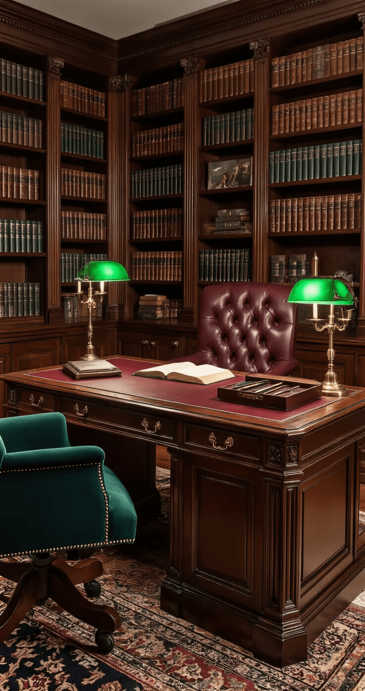 A dark academia study featuring a mahogany partners desk, surrounded by floor-to-ceiling bookshelves, highlighted by evening lighting. The workspace showcases deep jewel tones, including a burgundy leather desk pad and an emerald green banker's lamp. Vintage scholarly accessories, rich textures, and warm candlelight create an atmosphere of timeless academic elegance.