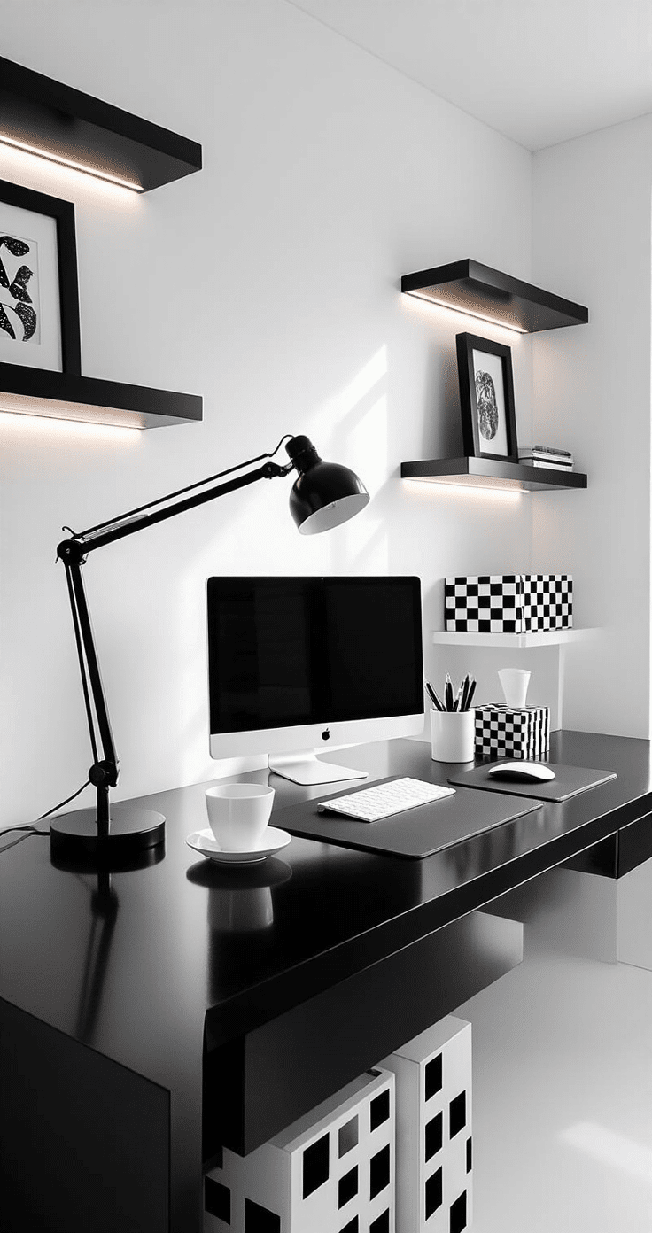 A modern monochromatic home office featuring a sleek black lacquered desk against white walls, accented with geometric desk accessories, LED strip lighting, and minimalist decor in a high-contrast setting.