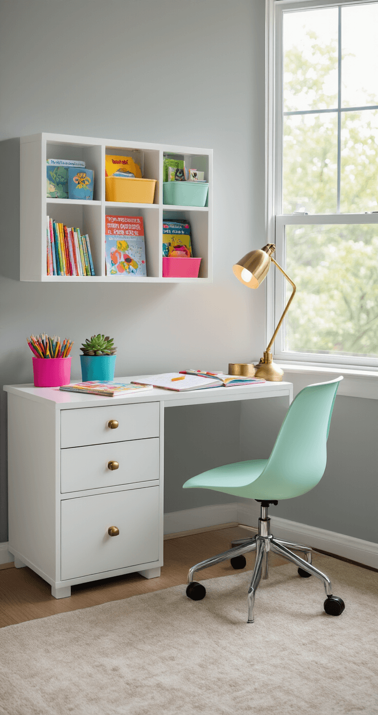 Medium shot of a modern child's bedroom corner featuring a white storage desk with colorful school supplies, a small succulent plant, and an open homework notebook, positioned against a soft gray wall with sunlight streaming in. An ergonomic mint green rolling chair complements the setup, while the desk's cubbies hold children's books and a small lamp.
