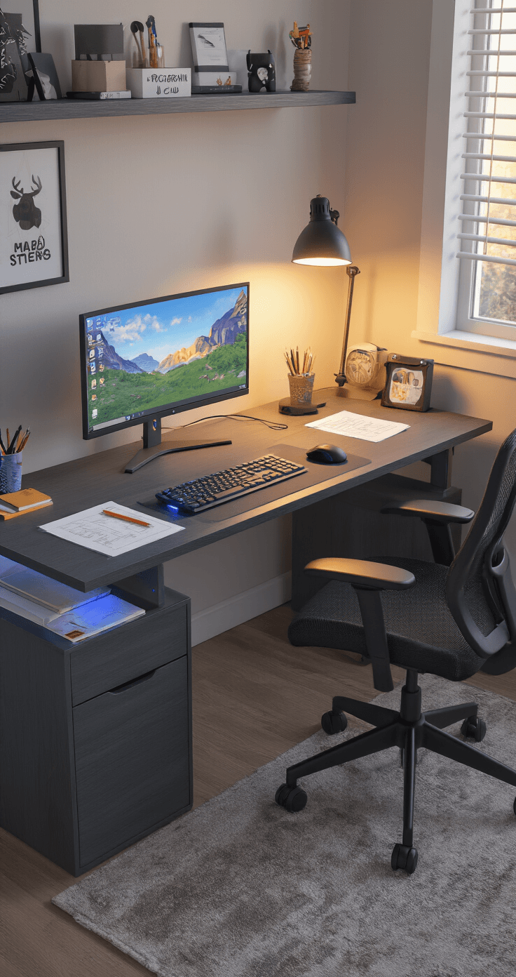 Cinematic view of a contemporary teen's bedroom featuring an L-shaped charcoal gray desk with a 24-inch monitor, wireless keyboard, and organized cables, illuminated by golden hour light and a soft blue glow from USB ports, creating a harmonized digital and cozy atmosphere.