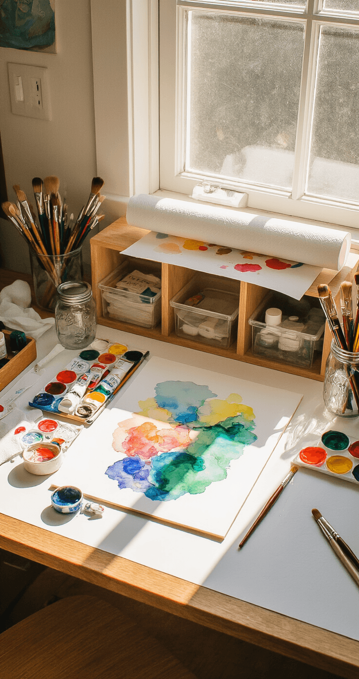 Overhead view of a colorful art desk in a sunlit playroom, featuring a tilted watercolor painting in progress, scattered paint tubes, brushes in mason jars, and vibrant smudged paper towels, all illuminated by natural light.