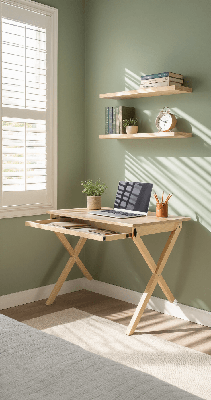 Eye-level profile shot of a space-saving wall-mounted desk in a small bedroom, showcasing a blonde wood finish against sage green walls, with afternoon light casting geometric shadows. The desk, when folded down, displays a laptop, a small potted plant, and a leather pencil cup, while appearing as a sleek cabinet when closed. A floating shelf above holds three hardcover books and an analog clock, emphasizing efficient minimalism and clean lines.
