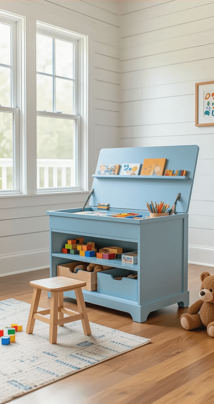 A low-angle view of a convertible storage bench in a bright playroom, showcasing its transformation into a kids' workspace with art supplies hidden inside, a desktop surface revealed, and a child's stool nearby, all illuminated by natural light.