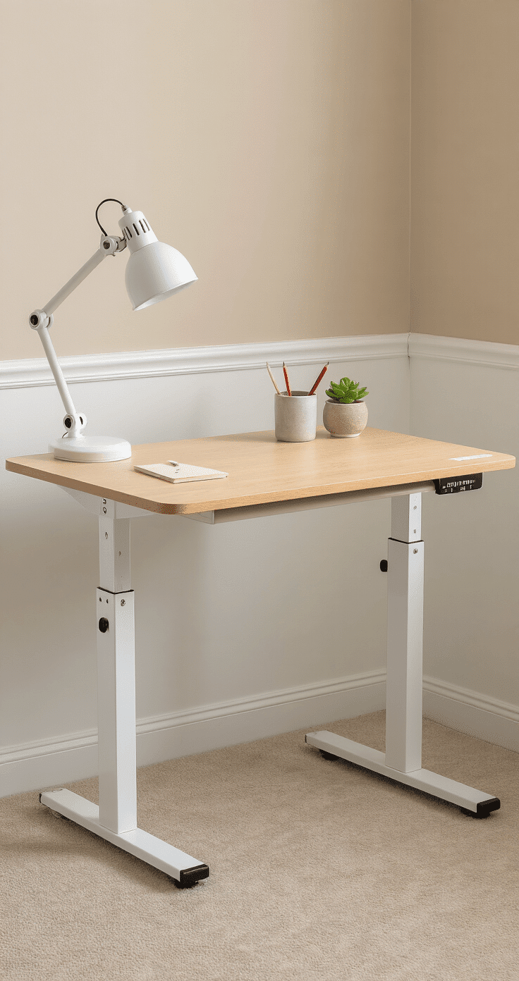 Professional straight-on shot of a height-adjustable kids desk in a neutral-toned bedroom, showcasing its adjustable range from toddler to teen height, with visible measurement markers, accessories, and soft diffused lighting.