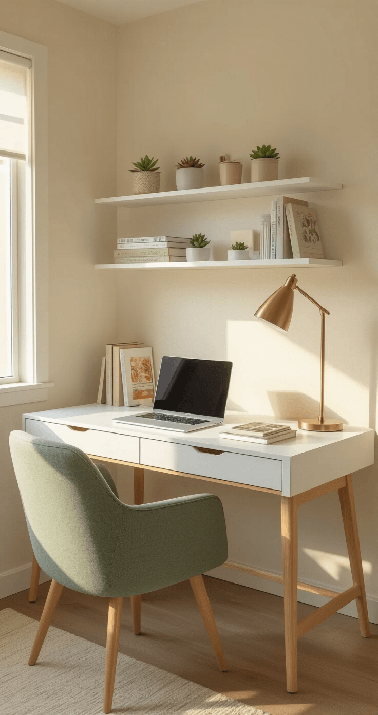 A photorealistic view of a compact dorm room study corner featuring a sleek white mid-century modern desk with light oak accents, an open MacBook, organized textbooks, a warm brass desk lamp, and built-in shelving with succulents. Late afternoon golden hour light streams through a window, casting soft shadows across the desk, complemented by a sage green ergonomic chair.