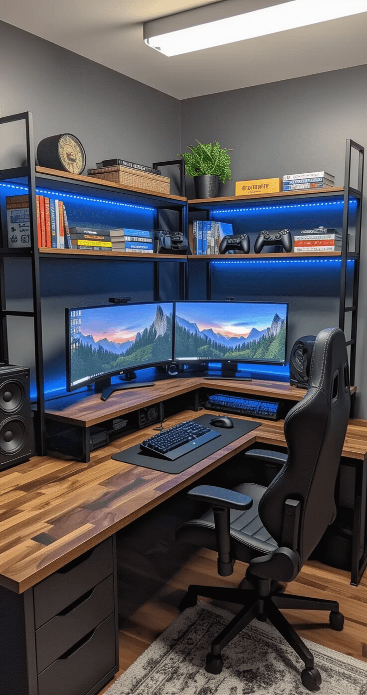 A corner L-shaped desk setup in a small dorm room featuring industrial black metal and walnut wood, dual monitors, gaming peripherals, and study materials; illuminated by integrated LED lights and overhead fluorescents, with a high-back black leather gaming chair and organized workspace accents.