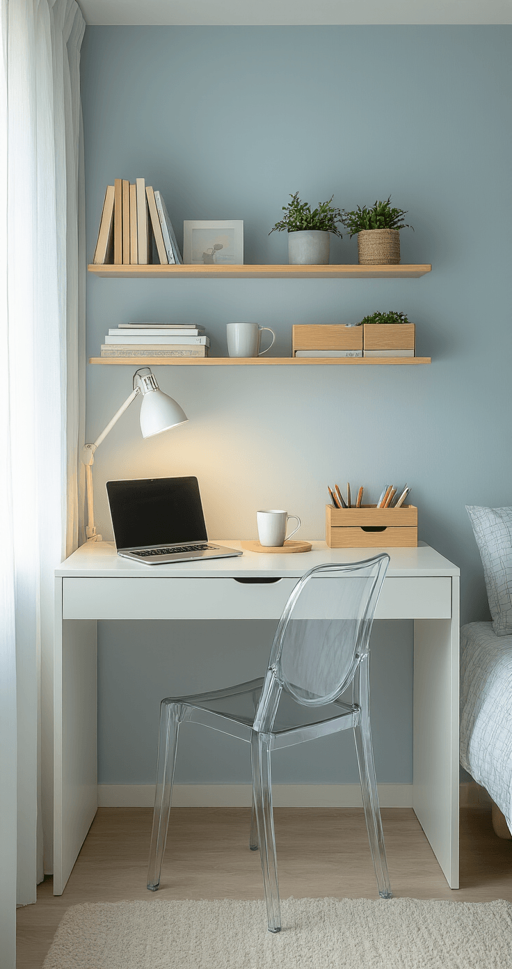 An intimate dorm room scene featuring a wall-mounted folding desk in Scandinavian white, with a laptop, coffee mug, and wooden stationery organizers; surrounded by floating shelves displaying textbooks and small plants; bathed in natural light from sheer curtains, highlighting the cozy and functional workspace.