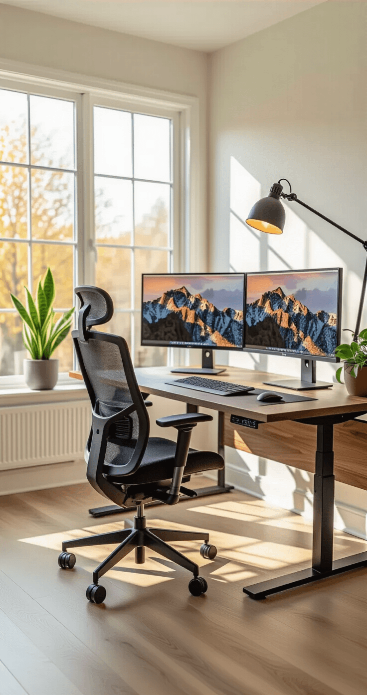 Modern home office with height-adjustable walnut desk by a large window, featuring natural light, ergonomic chair, dual monitors on gas spring arms, and warm LED lamp, accented by a pothos plant, captured in golden hour lighting.
