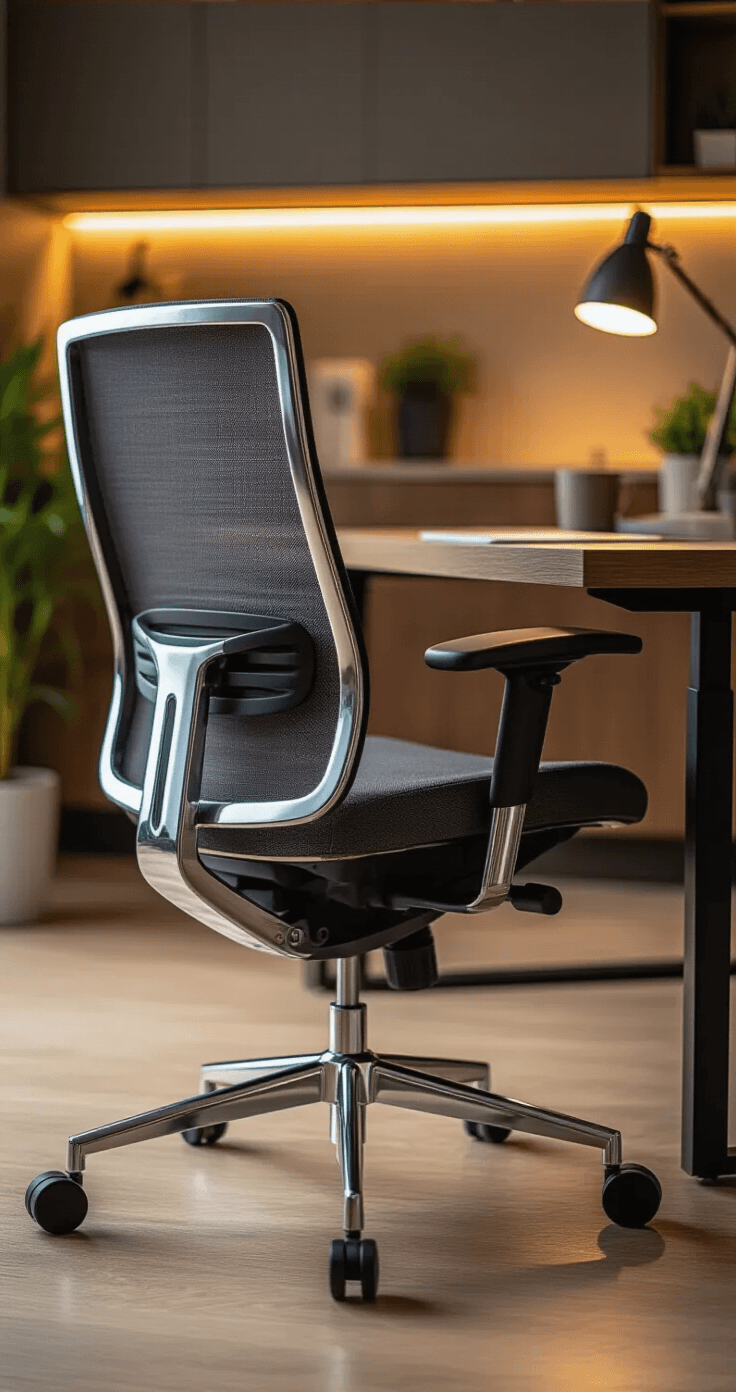 Close-up view of a charcoal grey ergonomic office chair with a mesh back and polished aluminum base in a stylish workspace, featuring a height-adjustable walnut veneer desk and organized accessories, illuminated by soft ambient lighting and a desk lamp.