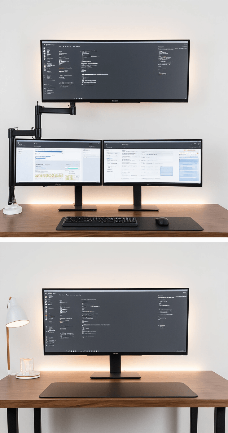 A minimalist home office featuring two 27-inch monitors on articulated gas spring arms above a clutter-free walnut desk, illuminated by bias LED lighting against a white wall, with hidden cables, a leather desk pad, and a glare-free desk lamp, captured from the user's perspective in soft daylight.