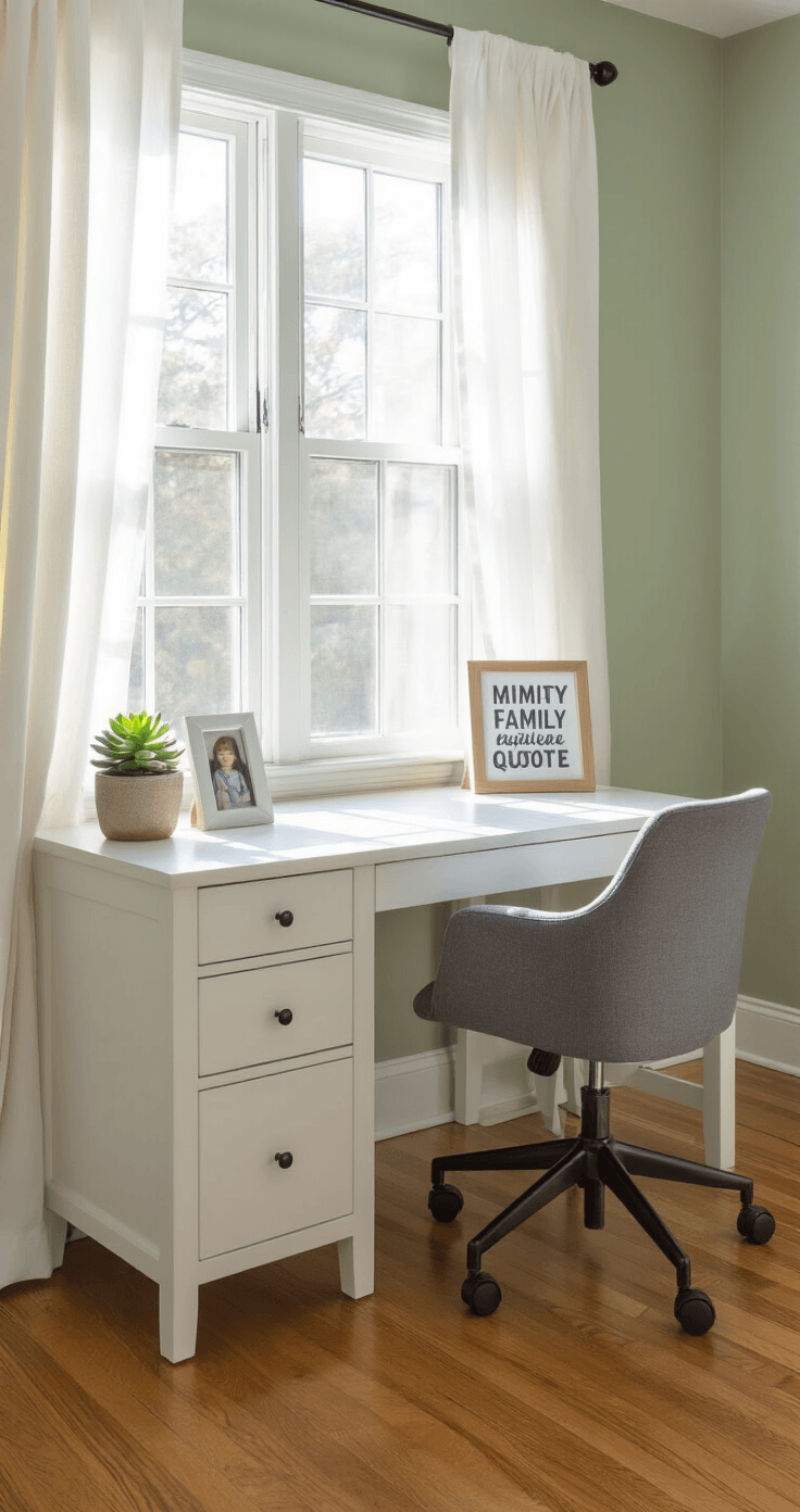A medium-sized children's bedroom with soft sage green walls, featuring a sturdy white oak desk under a window, illuminated by afternoon sunlight. The organized desk holds a small potted succulent, a framed family photo, and a motivational quote card, alongside an ergonomic gray task chair on honey-colored hardwood floors.