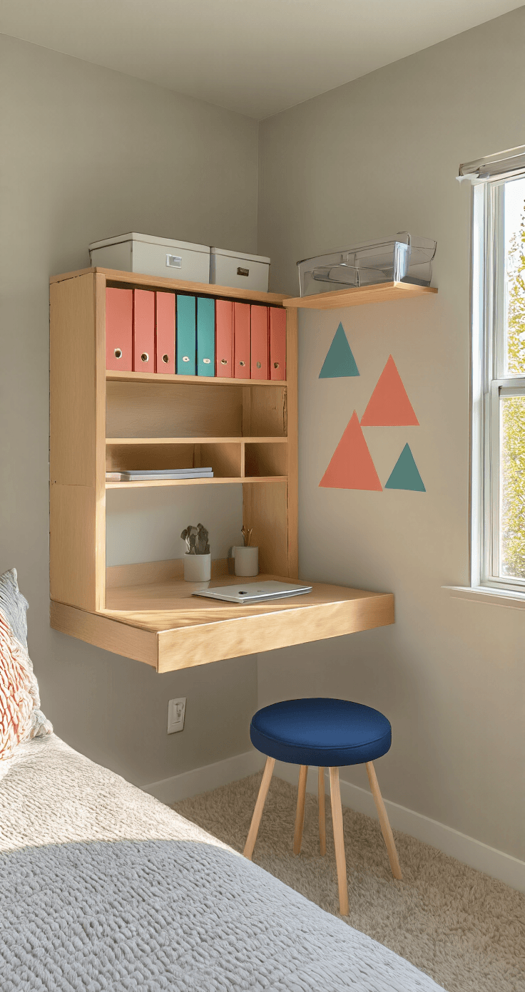 A cozy shared bedroom corner bathed in morning light, featuring a wall-mounted fold-down desk in natural birch wood, compact rolling stool, light gray walls with removable geometric decals, and a narrow floating shelf with organizers, all enhancing the space's functionality and design harmony.