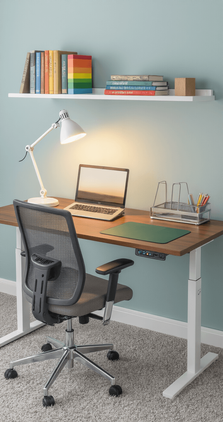 An organized homework station in early evening light, featuring a height-adjustable white metal desk with walnut-toned laminated surface, a charcoal mesh task chair, and cable management. The desktop includes a paper tray, acrylic pen holders, and a green desk pad. Behind, color-coded shelves display textbooks. The serene setting has a soft gray carpet and pale blue walls.