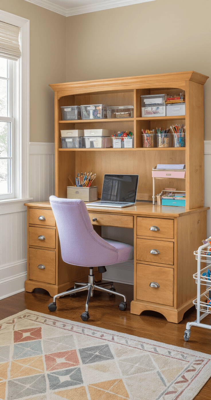 A bright creative workspace with a honey maple desk and hutch, lavender padded chair, organized school supplies, white rolling art cart, warm beige walls, white wainscoting, and a colorful geometric area rug, all bathed in natural light.