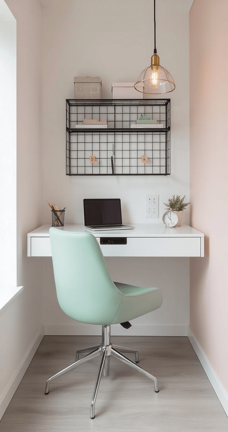 A compact urban bedroom showcasing a white lacquer L-shaped corner desk with a mint green swivel chair, featuring USB ports and wire management, against soft blush pink and white walls, with a grid-style wall organizer, pendant lamp, and light gray vinyl flooring.