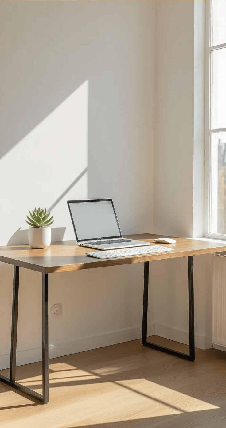 Wide-angle shot of a minimalist home office desk with a walnut wooden desk, silver laptop on a black metal stand, and a small succulent plant in a white pot, illuminated by golden hour sunlight.