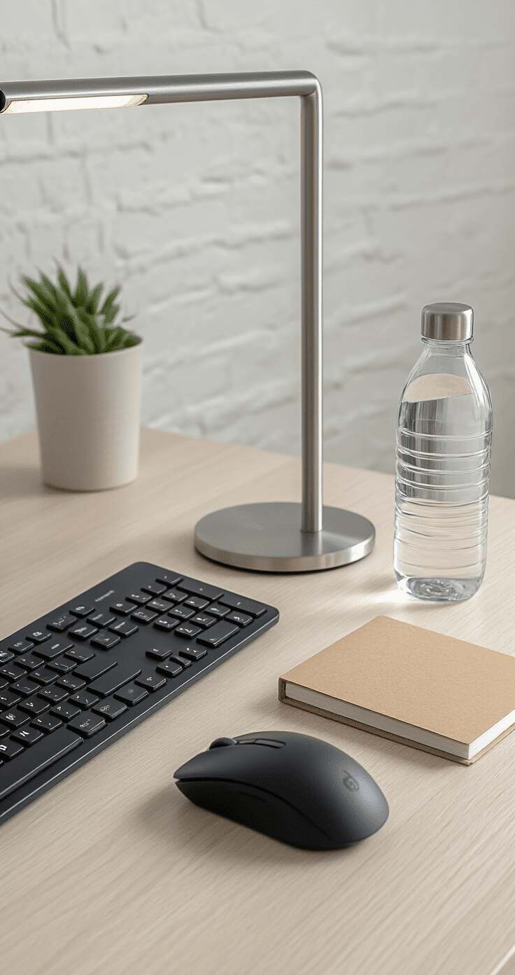 Close-up flat-lay of minimalist desk items on light wood, featuring a matte black wireless keyboard and mouse, a kraft paper notebook, a brushed aluminum adjustable LED desk lamp, and a clear glass water bottle, with soft diffused lighting and blurred textured white walls in the background.