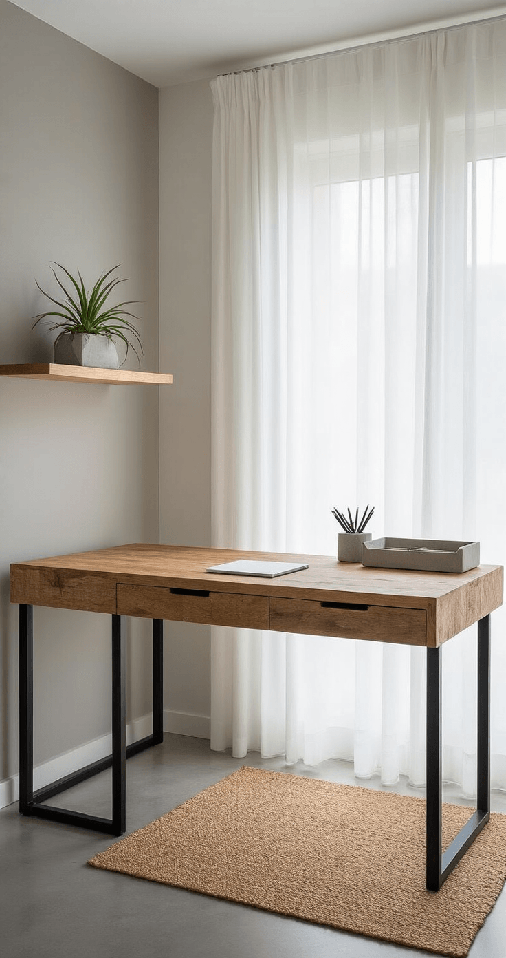 Minimalist home office corner in neutral tones, featuring a reclaimed wood standing desk with black steel legs, light gray walls, and a floating shelf with an air plant. Morning light filters through sheer curtains, illuminating a polished concrete floor with a jute rug underneath and a cork desk organizer positioned neatly.