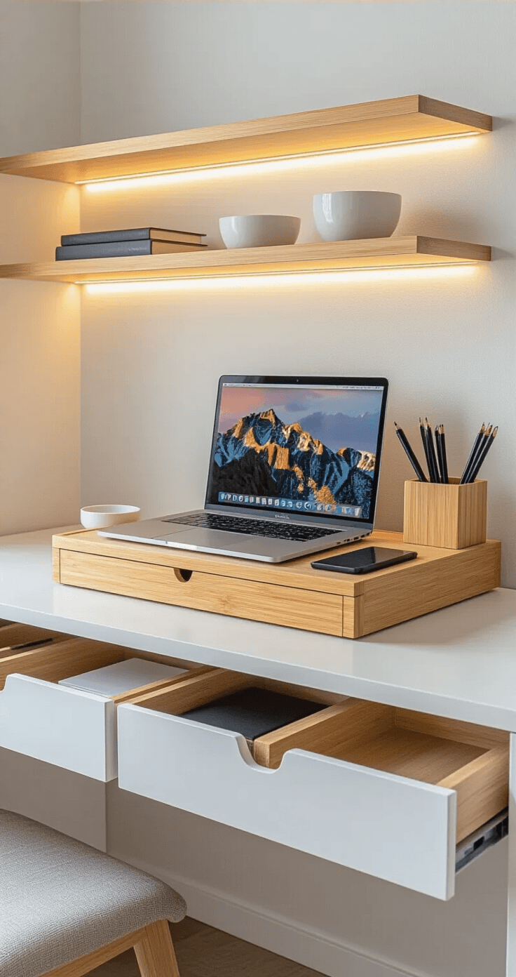 Detailed shot of a minimalist desk with innovative storage solutions, featuring a monitor riser made of bamboo with built-in compartments for a notebook, wireless charger, and pen holder, complemented by white pull-out drawers below and LED strip lighting illuminating the setup.