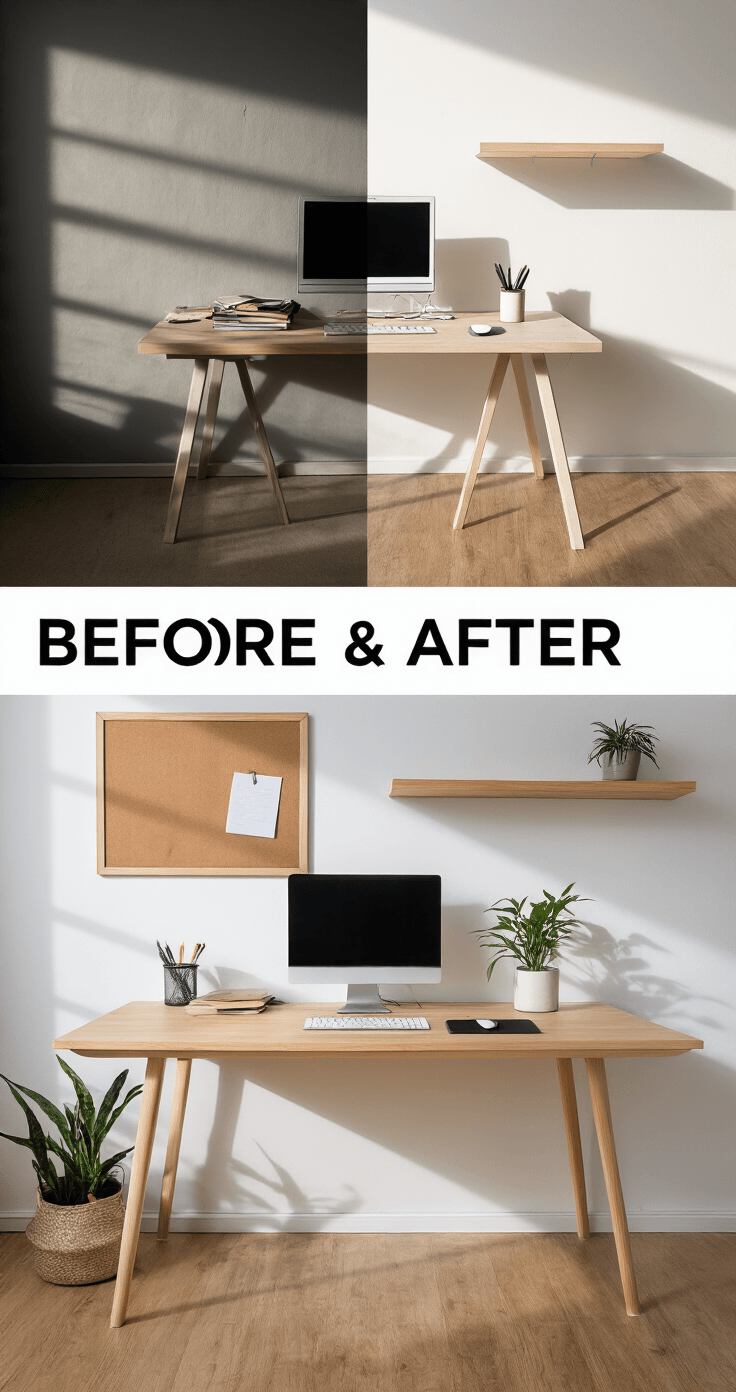 A minimalist desk transformation comparison: the left side showcases a cluttered desk under harsh fluorescent lighting with dramatic shadows, while the right side presents a clean wooden desk with warm natural light, featuring essential items and a single green plant against a simple white wall.
