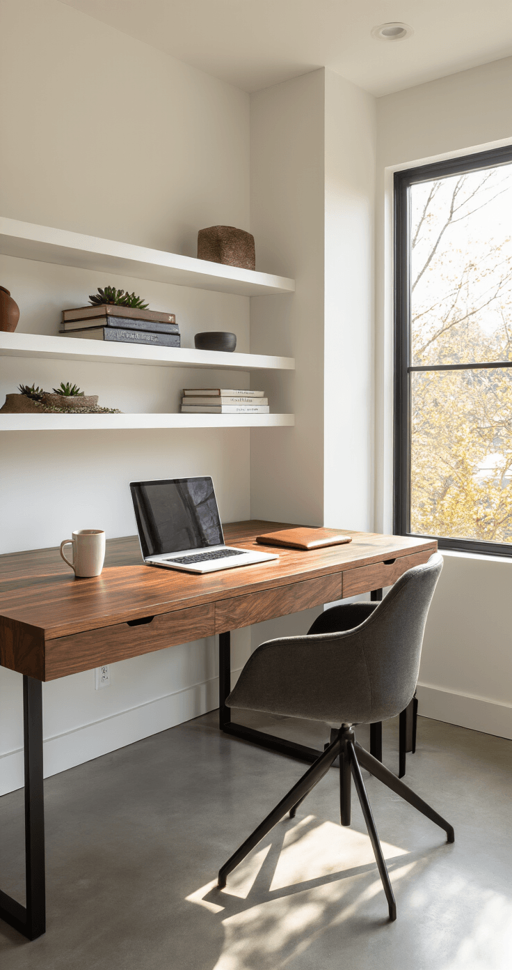 A modern home office featuring a walnut wood desk with black steel legs, a laptop, coffee mug, and sleek accessories, illuminated by mid-morning light, with white walls and polished concrete floors, complemented by floating shelves and a charcoal ergonomic chair.