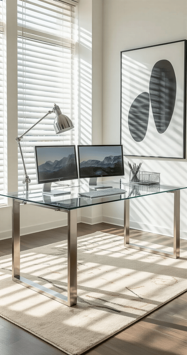 A contemporary office featuring a glass and metal desk with a dual monitor setup, reflecting geometric patterns in the afternoon sunlight, set against white walls with a large abstract print. The space is bright and airy, with chrome accessories and a cream-colored rug underneath.
