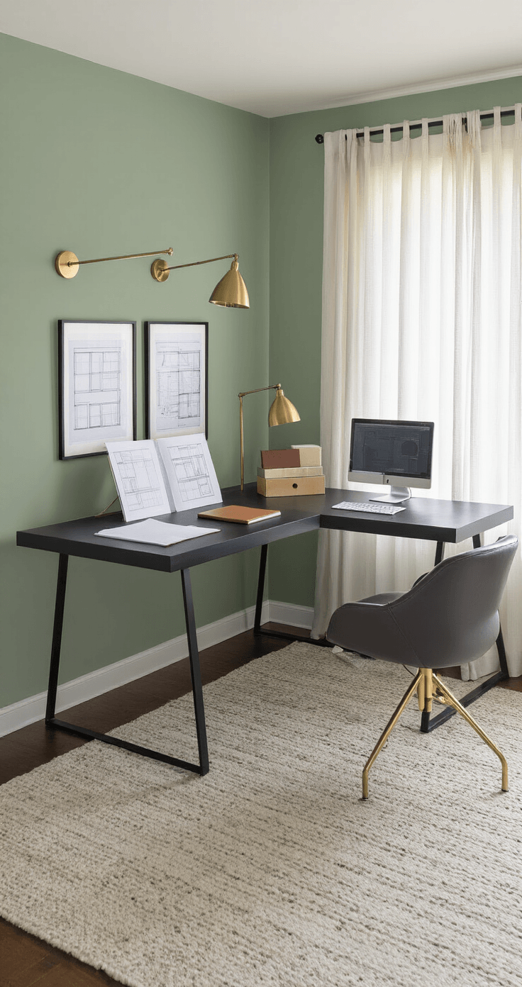 L-shaped corner desk in a compact room with sage green walls, featuring a matte black surface, leather desk mat, brass accessories, and wall-mounted task lighting, complemented by a charcoal upholstered swivel chair.
