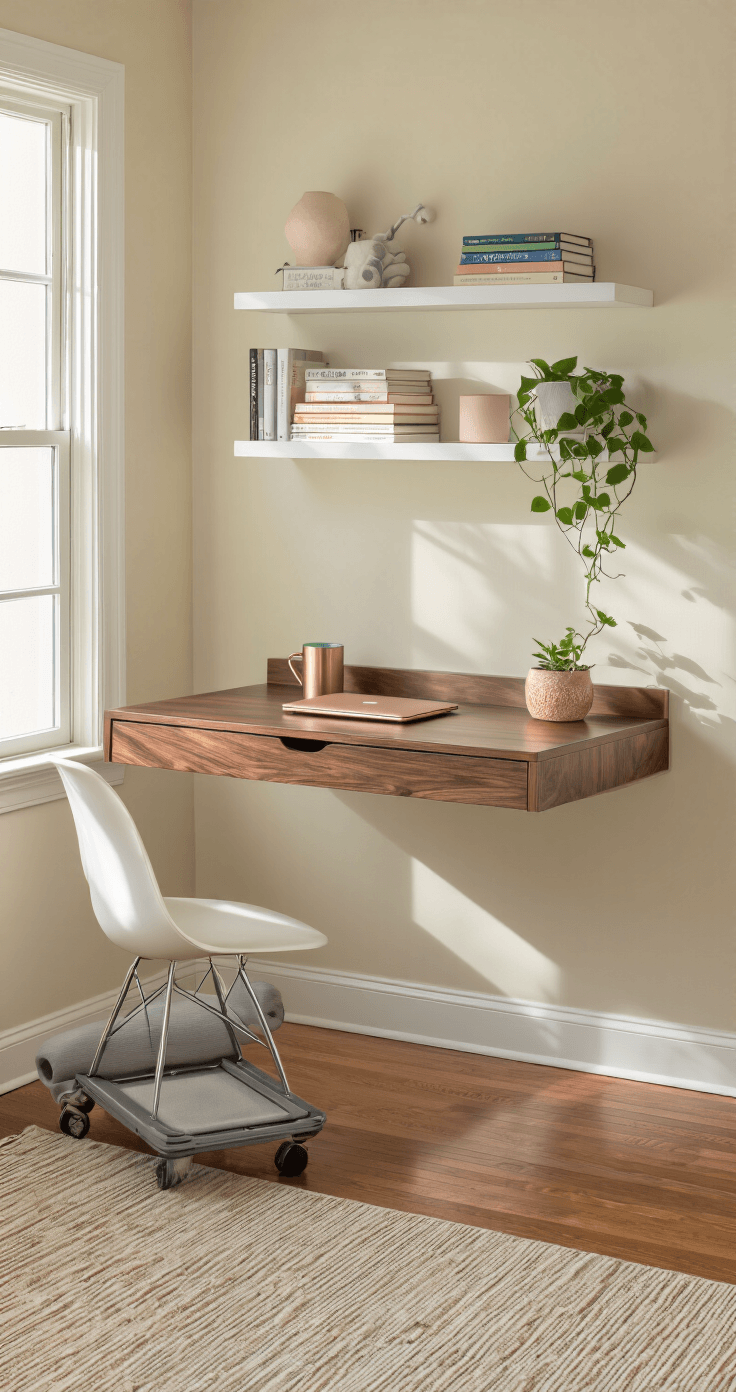 A serene bedroom office hybrid featuring a floating walnut veneer desk, rose gold laptop, ceramic pothos planter, and ghost chair, with cream walls, hardwood floors, and color-coordinated books on white floating shelves.