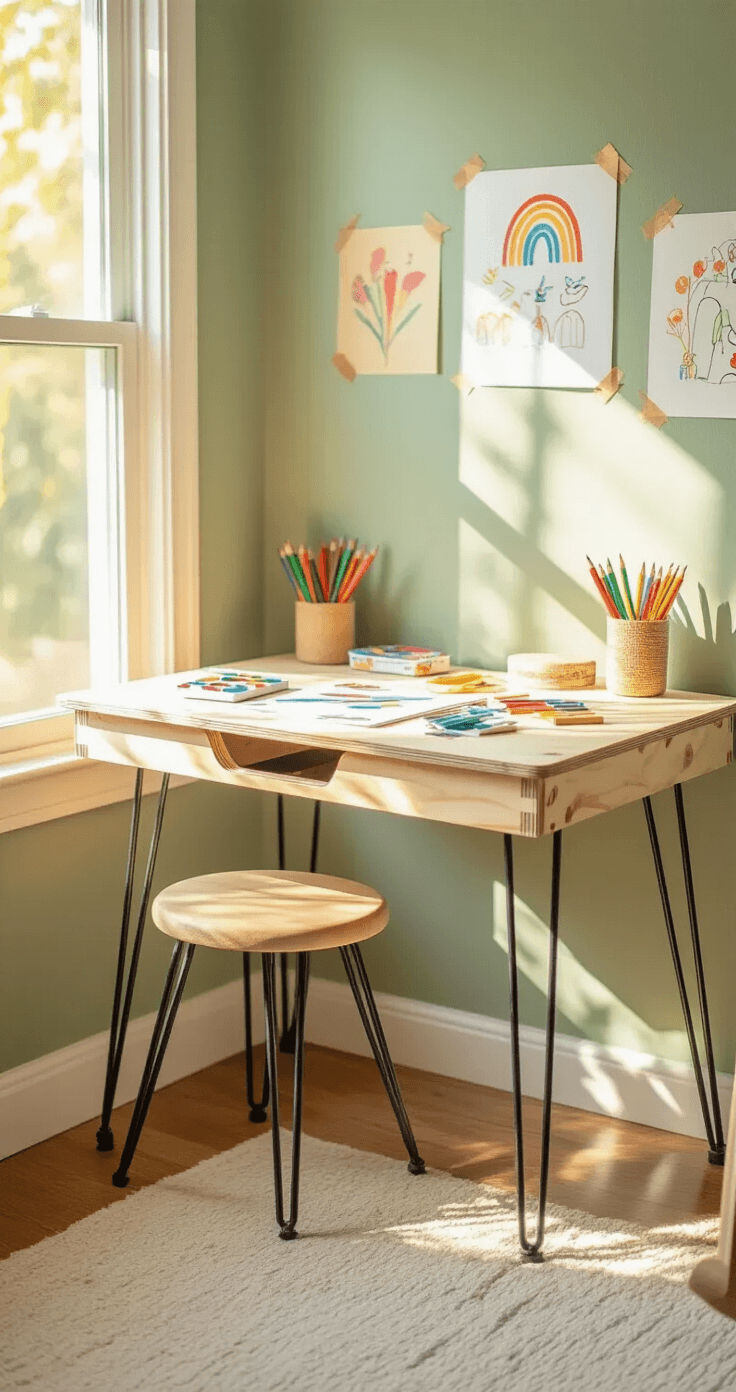Cozy child's bedroom corner with a DIY plywood desk on hairpin legs; golden hour light illuminating art supplies and hand-drawn artwork on sage green walls.