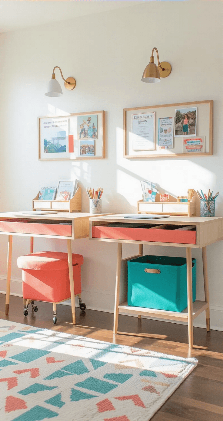 Medium shot of a bright, airy bedroom featuring a floating desk installation with two natural wood sections, colorful fabric bins underneath, and rolling stools in coral and teal, all set against white walls and a geometric pastel rug, with personal bulletin boards above each workspace.
