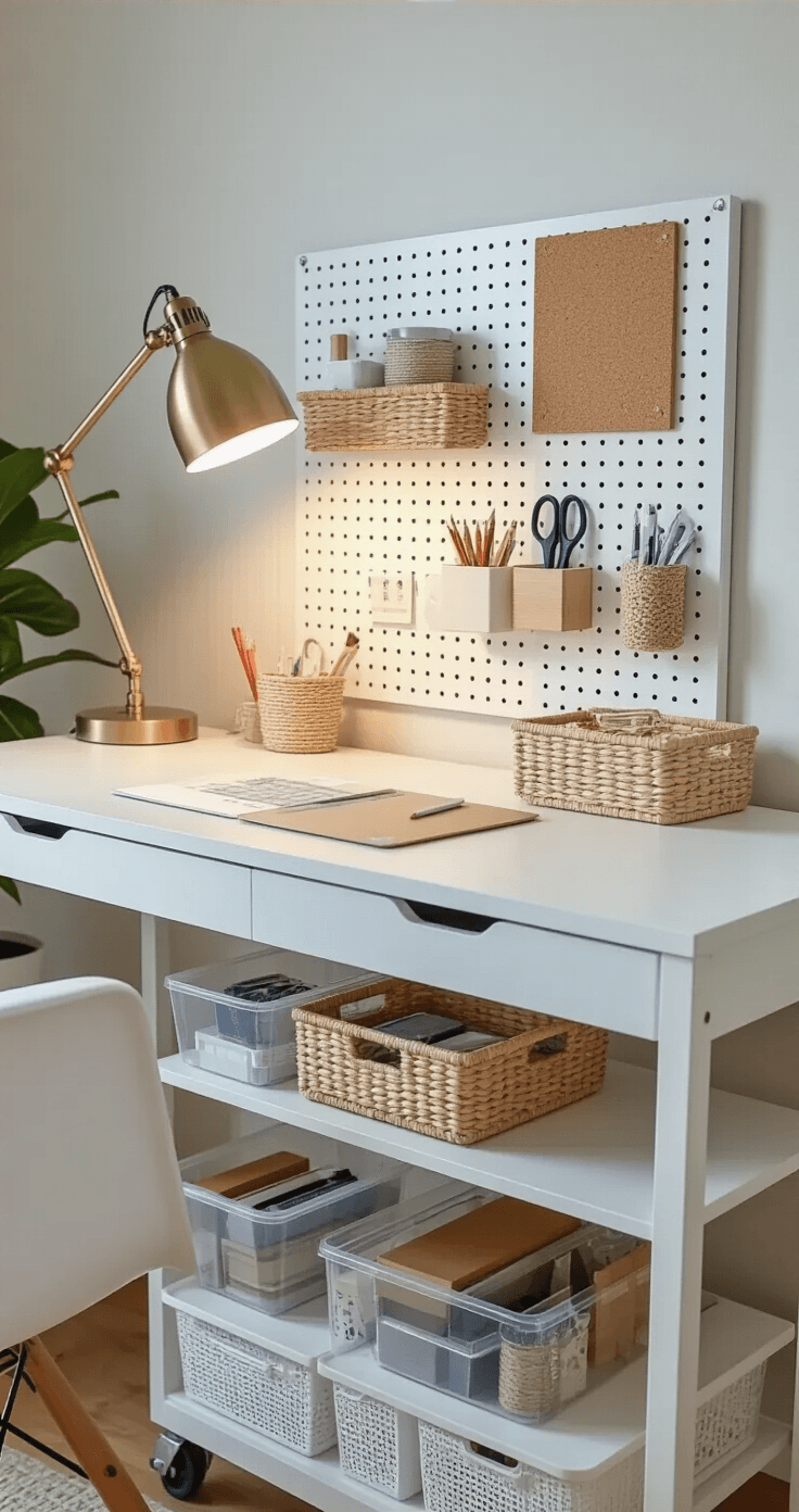 Close-up angled shot of a stylish IKEA desk hack featuring a white tabletop and an organized pegboard above. The desk is illuminated by a brass desk lamp, creating focused lighting against soft ambient light. The pegboard displays baskets and pencil holders, while a rolling cart beside the desk contains clear containers of supplies. The scene is captured from a child's eye level with a shallow depth of field, emphasizing the organized items. The color palette includes whites, natural wood, and soft blues, complemented by textured elements like a woven basket and a cork bulletin board.
