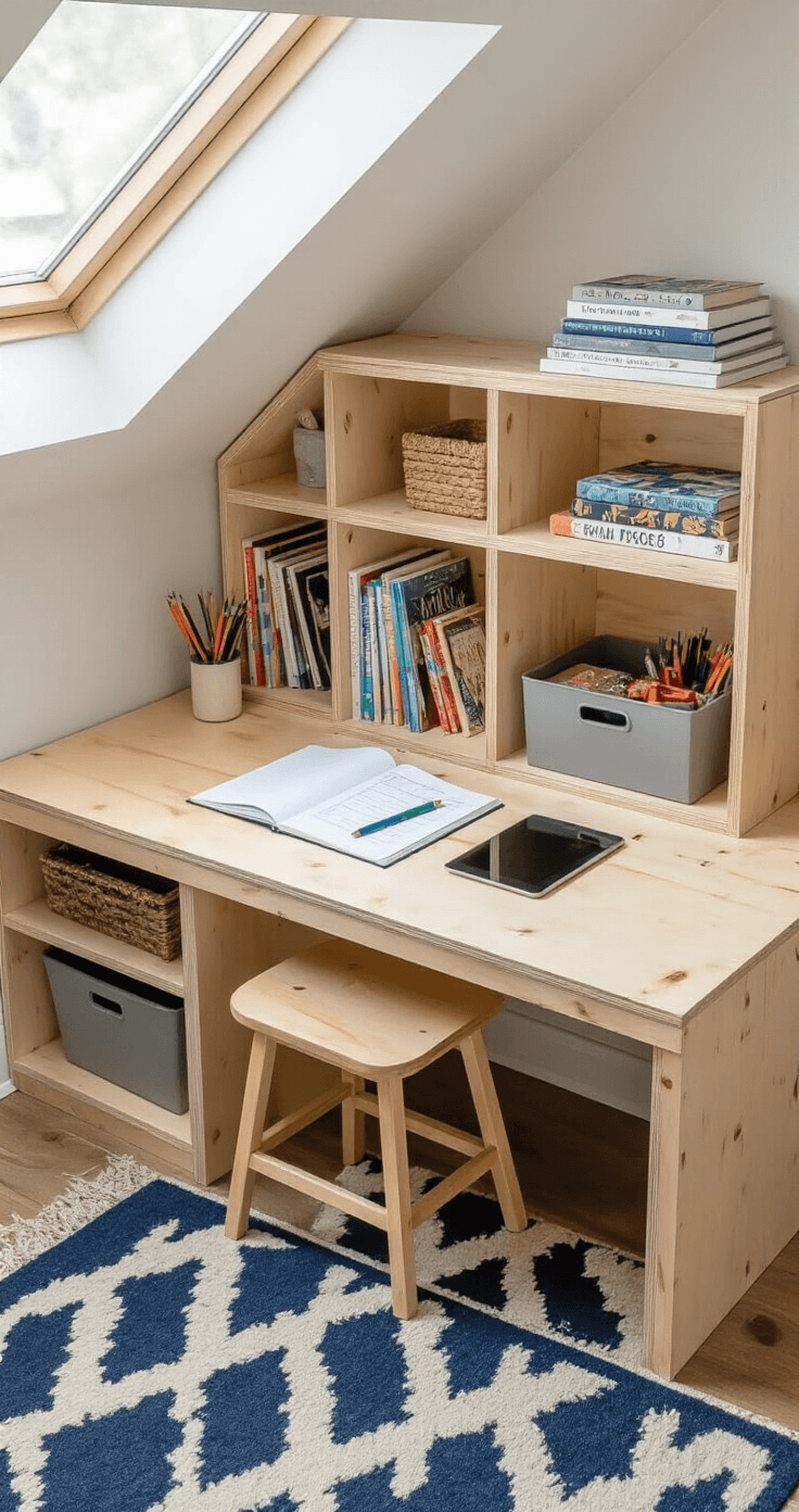 Overhead view of a DIY desk with integrated storage cubbies showcasing books, art supplies, and bins, under natural light from skylights. A sliding stool is neatly tucked away, and the desk surface displays homework items like a notebook, pencils, and a tablet. A geometric navy and cream area rug anchors the space, emphasizing a clean and organized aesthetic.