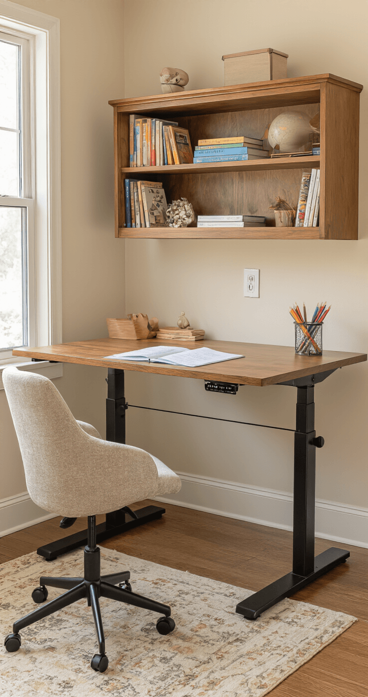 A premium adjustable desk with a hutch, showcasing a tilted work surface with papers and colored pencils, is situated in a well-lit homework corner. The scene captures warm late afternoon light and features an ergonomic chair scaled for a child. The hutch displays books and decorative items, while rich wood tones contrast with cream walls, highlighting the desk's sturdy build and organized, lived-in functionality.