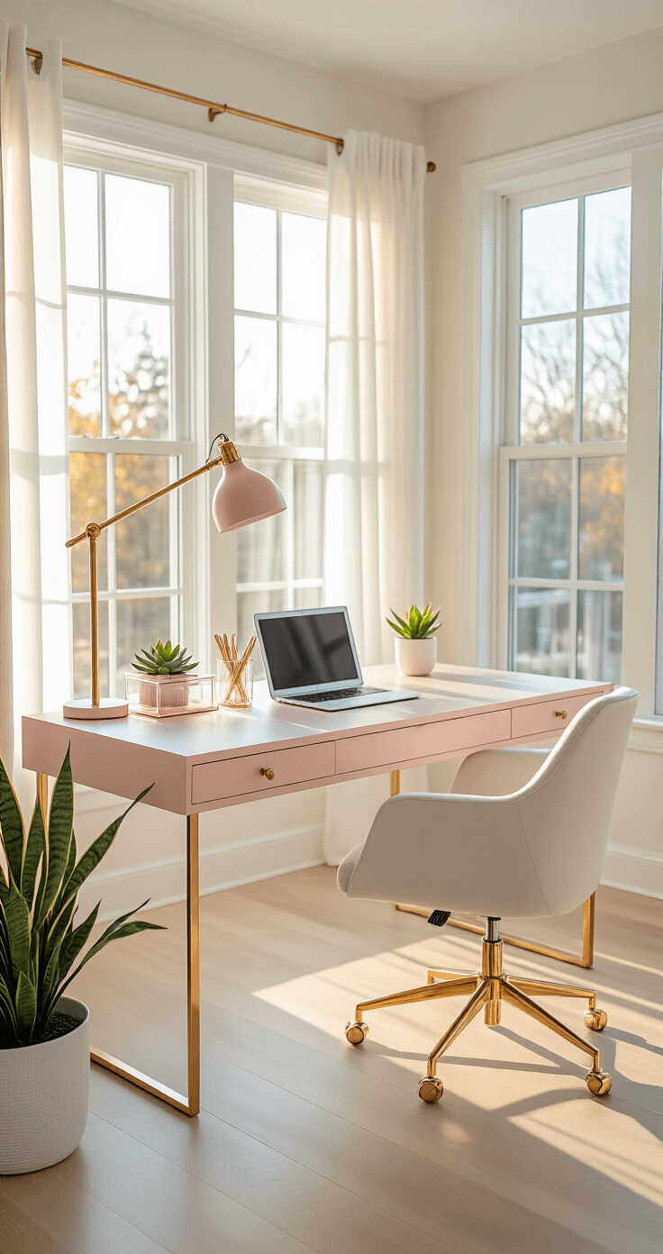 Modern home office with blush pink L-shaped desk, white walls, and light hardwood floors, featuring warm golden hour sunlight, elegant accessories, and a serene atmosphere.