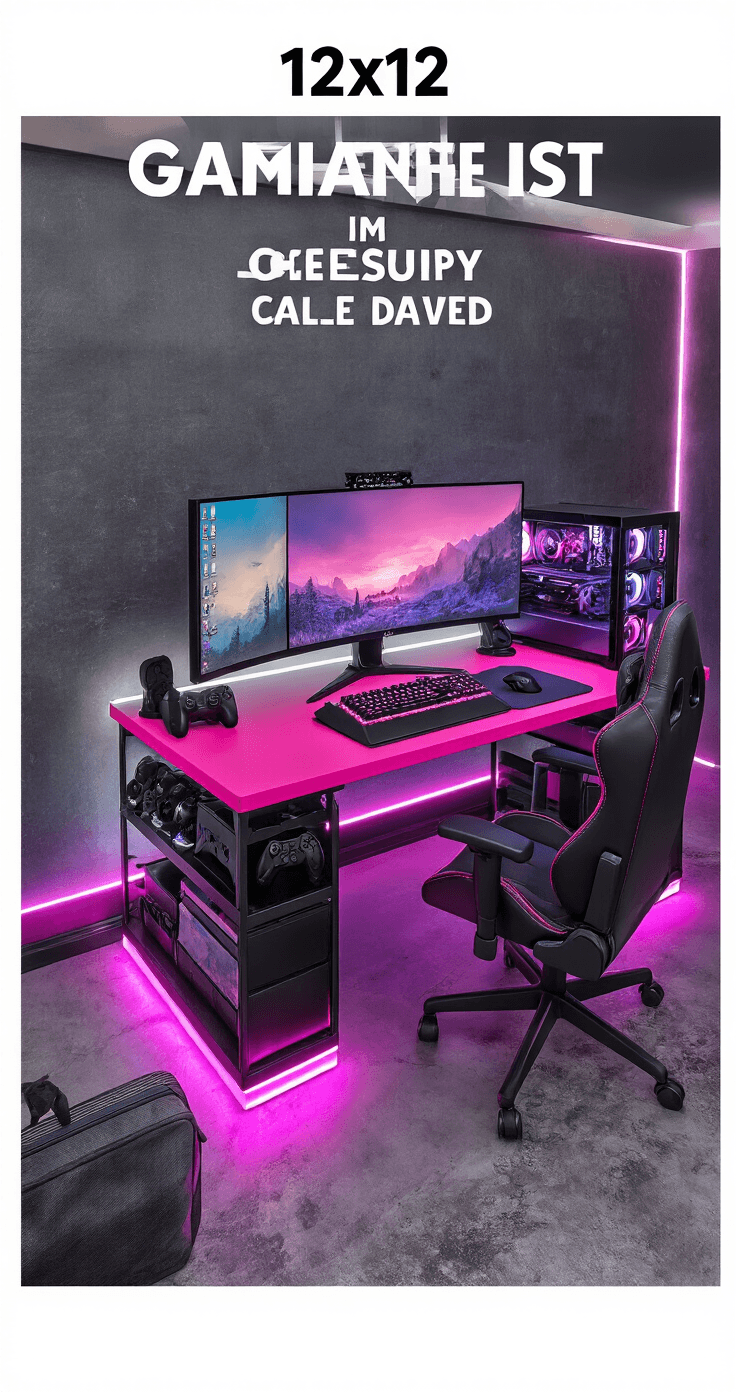 Wide-angle shot of a vibrant maximalist gaming setup in a 12x12 bedroom featuring a hot pink gaming desk, dual curved monitors, and RGB LED lighting, set against charcoal gray walls and concrete flooring.