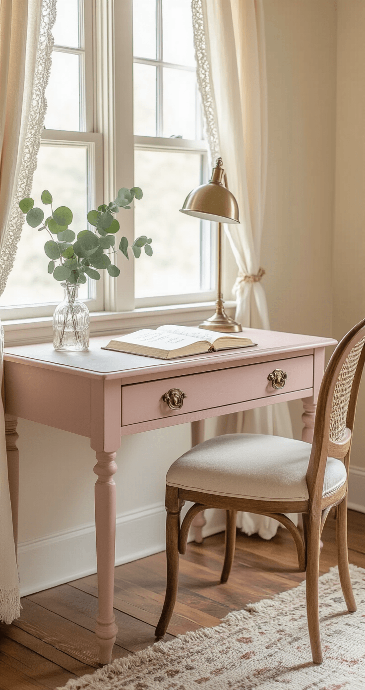 Intimate close-up of a dusty rose writing desk in a cozy bedroom corner, featuring an open journal, a vintage brass lamp, a vase of dried eucalyptus, and a cane-back chair, illuminated by soft natural light through lace curtains.