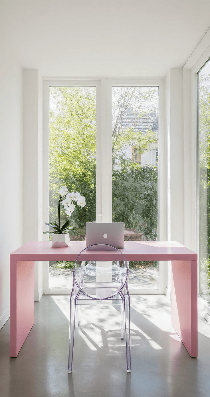 Minimalist home office with floor-to-ceiling windows, featuring a pink desk, a silver laptop, a white pen holder, and an orchid, all set against white walls and polished concrete floors.