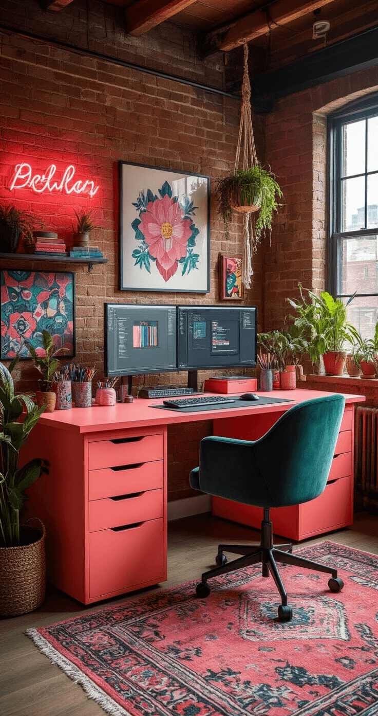 An eclectic coral pink gaming desk setup in a vibrant creative studio with exposed brick walls, colorful artwork, and warm afternoon light, featuring a large display, emerald green velvet chair, and decorative elements like neon signs and hanging plants.