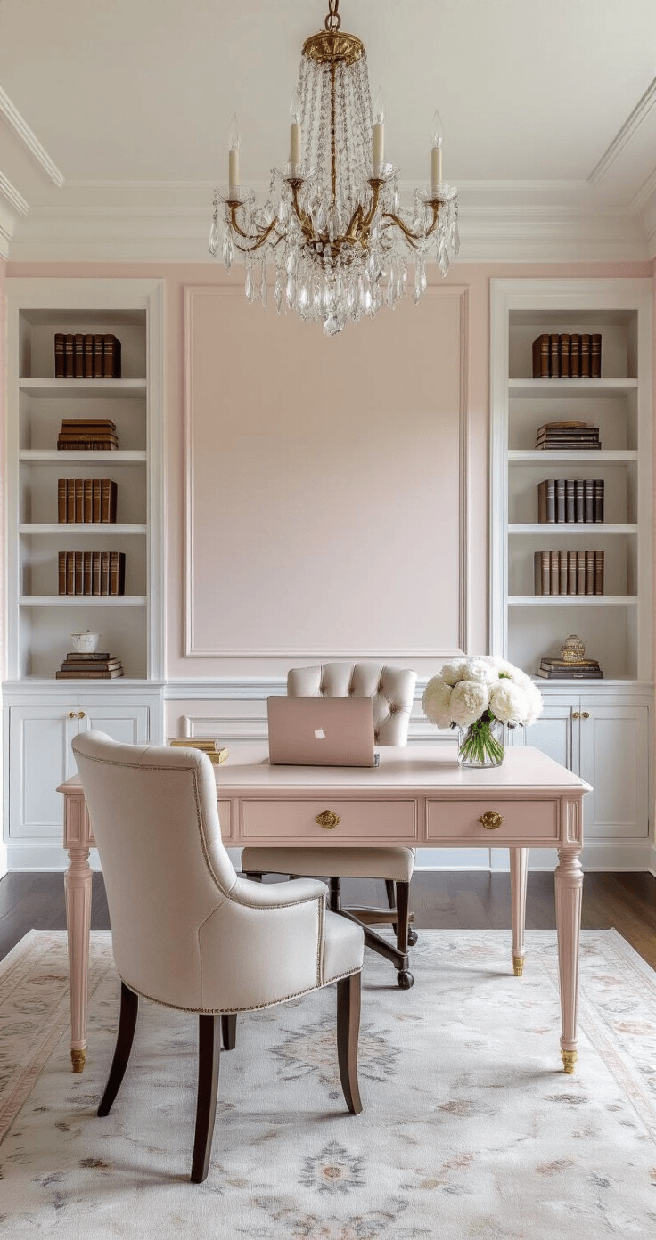 Elegant light pink home office featuring gray walls, white crown molding, a blush pink executive desk with gold hardware, crystal chandelier, tufted champagne velvet chair, built-in white bookcases, and luxurious decor, captured in soft morning light.