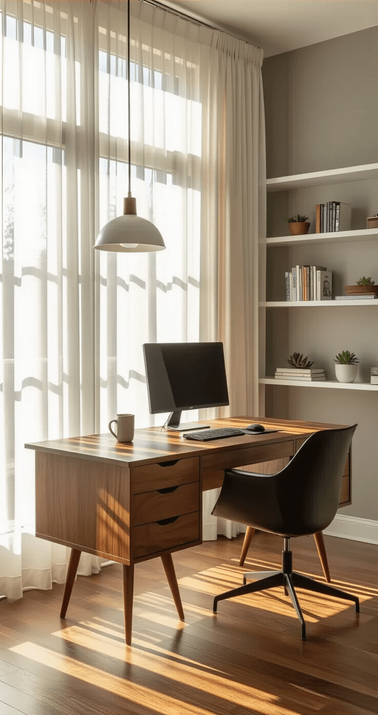 A spacious mid-century modern home office with a walnut desk, floor-to-ceiling windows, and golden hour sunlight casting shadows, featuring a black monitor and ergonomic chair against dove gray walls and honey-colored hardwood floors.