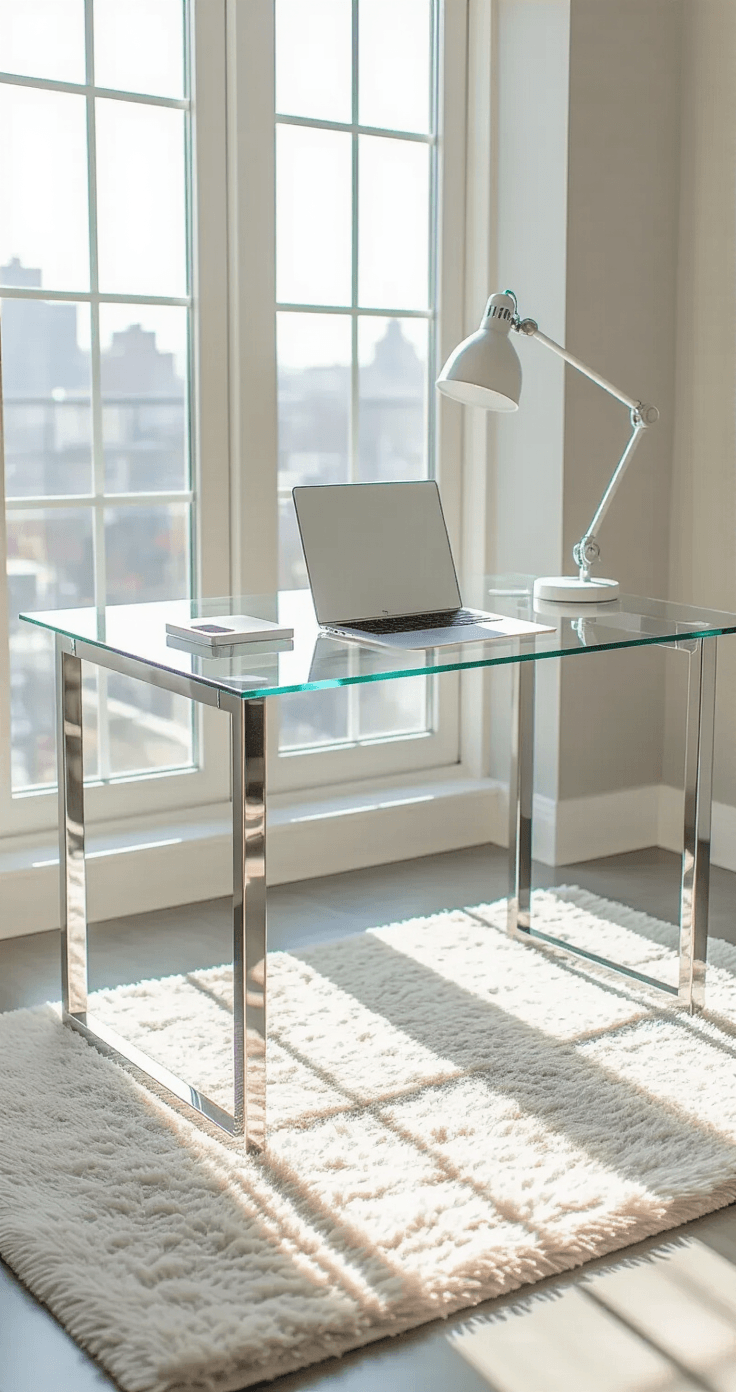 Contemporary glass-top desk with brushed chrome legs in a bright corner of a small apartment, illuminated by morning light, featuring a white laptop, wireless charging pad, and adjustable desk lamp, against soft gray walls and a plush cream area rug.