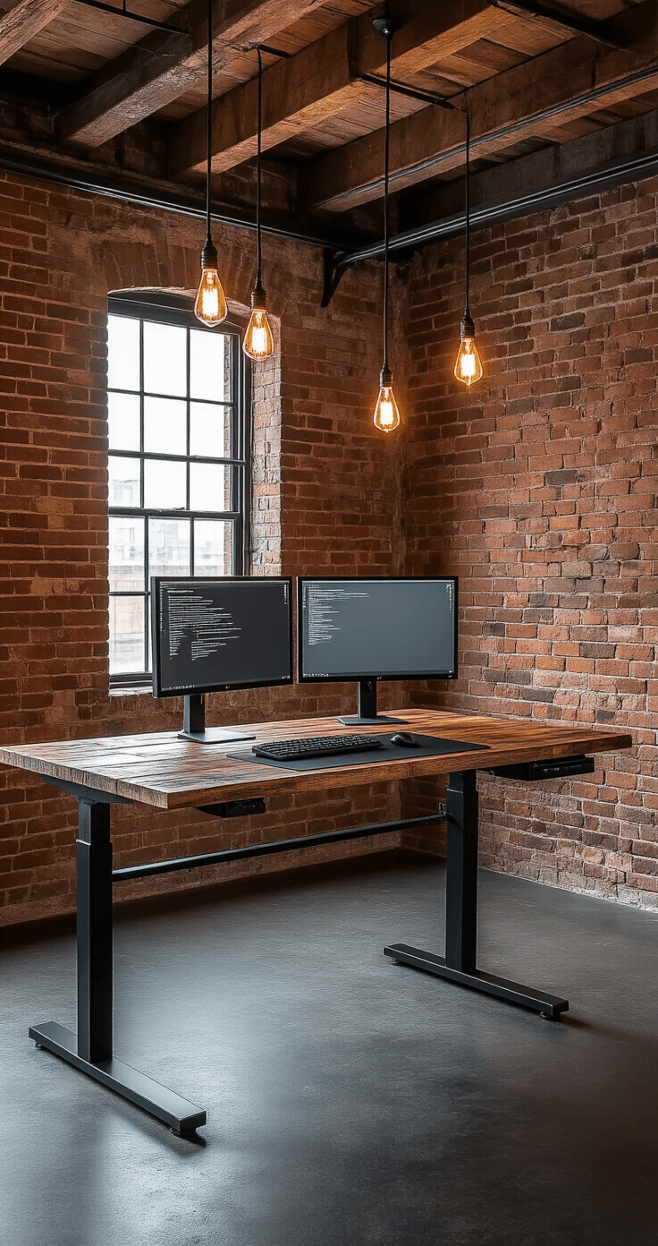 An industrial-style standing desk with a black steel frame and reclaimed wood top in a converted loft with exposed brick walls, featuring dual monitors, a mechanical keyboard, and leather desk pad, illuminated by Edison bulb pendant lights.