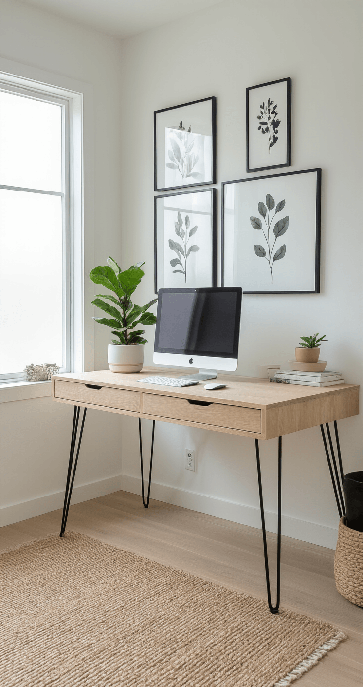A Scandinavian-inspired white oak desk with hairpin legs in a bright Nordic home office, featuring soft natural light, integrated cable management, an iMac, and a gallery wall of botanical prints.