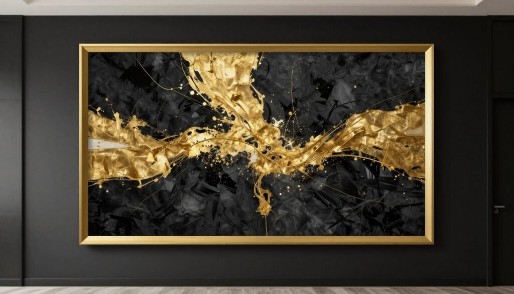Black and gold abstract artwork in luxury game room