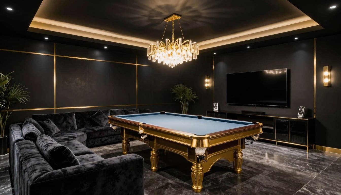 Black and gold luxury game room with velvet furniture and gold lighting fixtures