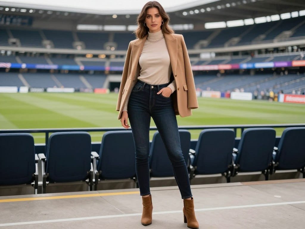 Elevated game day outfit with blazer and team colors