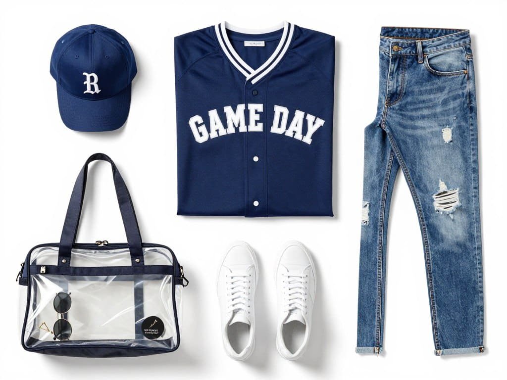 Flat lay of game day outfit essentials including jersey, jeans, sneakers, and accessories. Game Day Outfit Ideas for Women